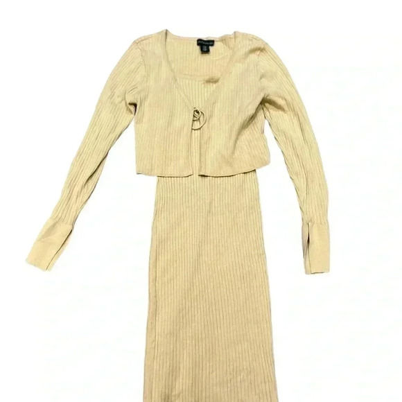House of Harlow 1960 Tan Ribbed Bodycon Midi Dress + Matching cardigan sz med - Picture 2 of 11